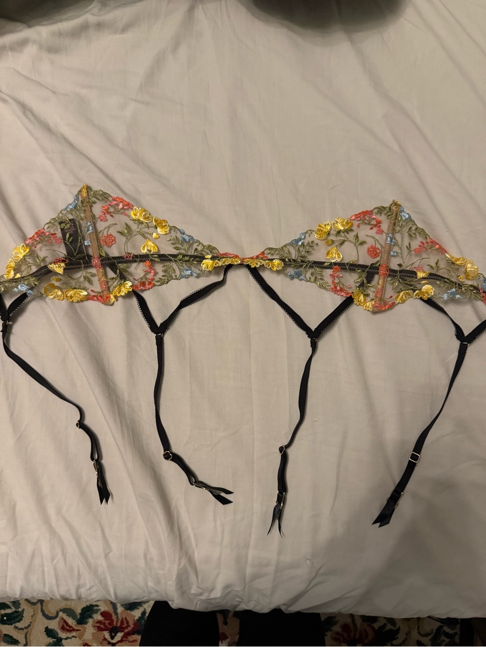 Victoria Secret Embroidered Floral Sheer Garter Belt in Yellow and Black